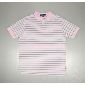 Vintage Polo By Ralph Lauren Polo Shirt Mens XL Pink Green Striped Yellow Pony